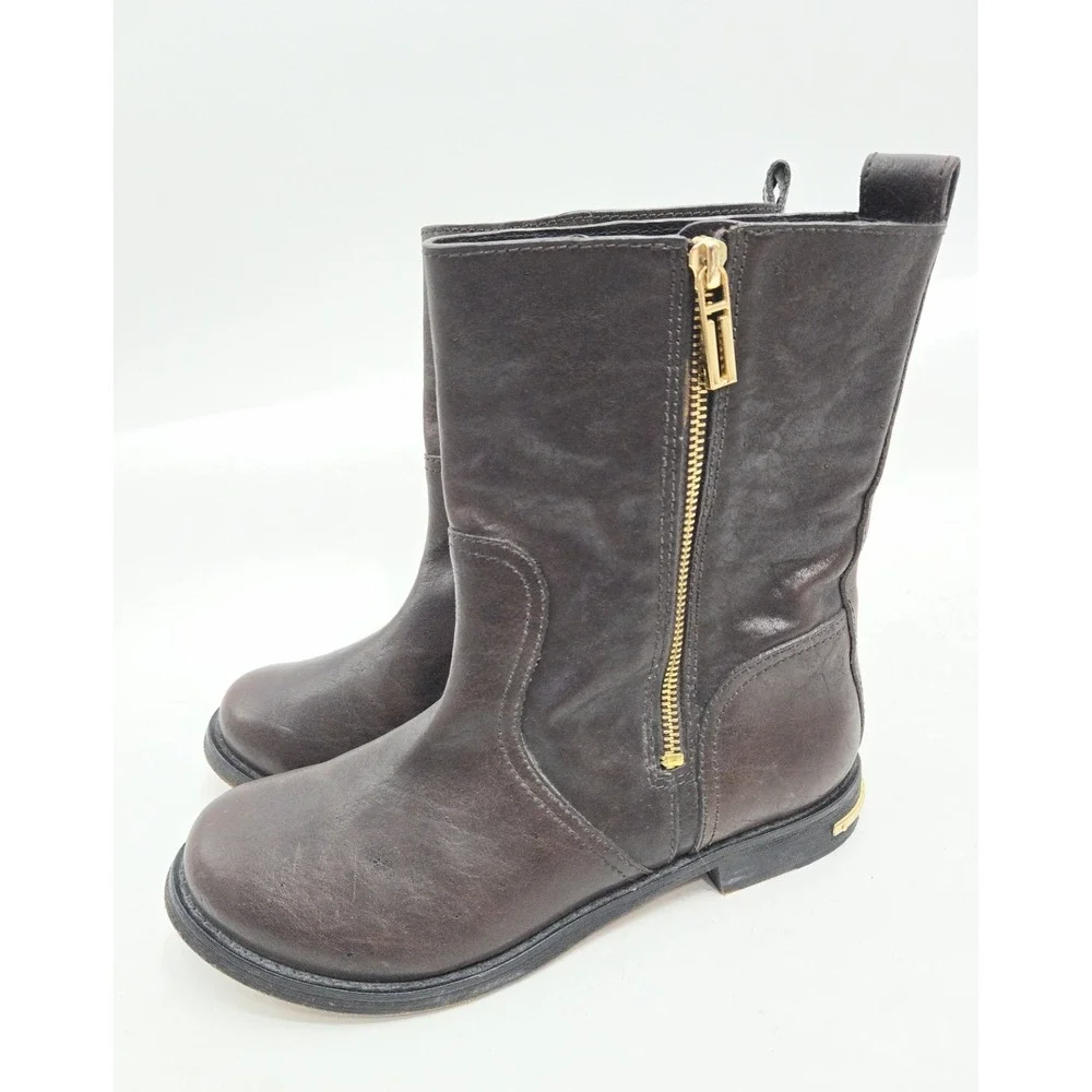 Tory Burch Elyse Moto Boots Women US 8 Chocolate Brown Leather Logo Zip Side